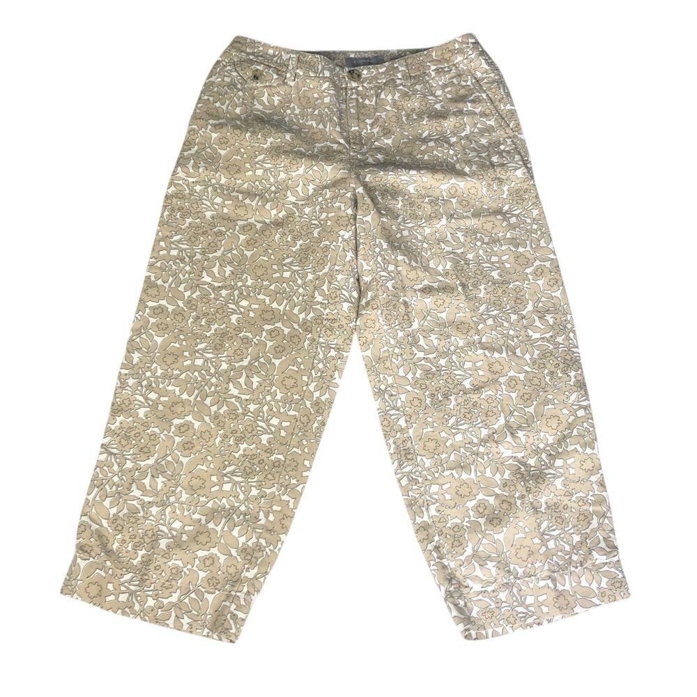 Liz Claiborne Audra Pants Size 8 Tan Floral Print Linen Blend Capri